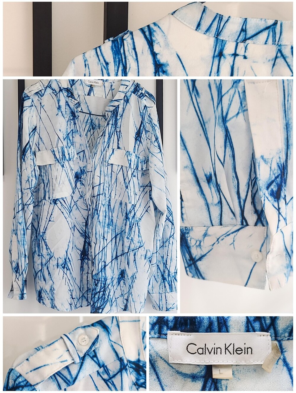 Calvin Klein Blue Abstract Ink Print Blouse